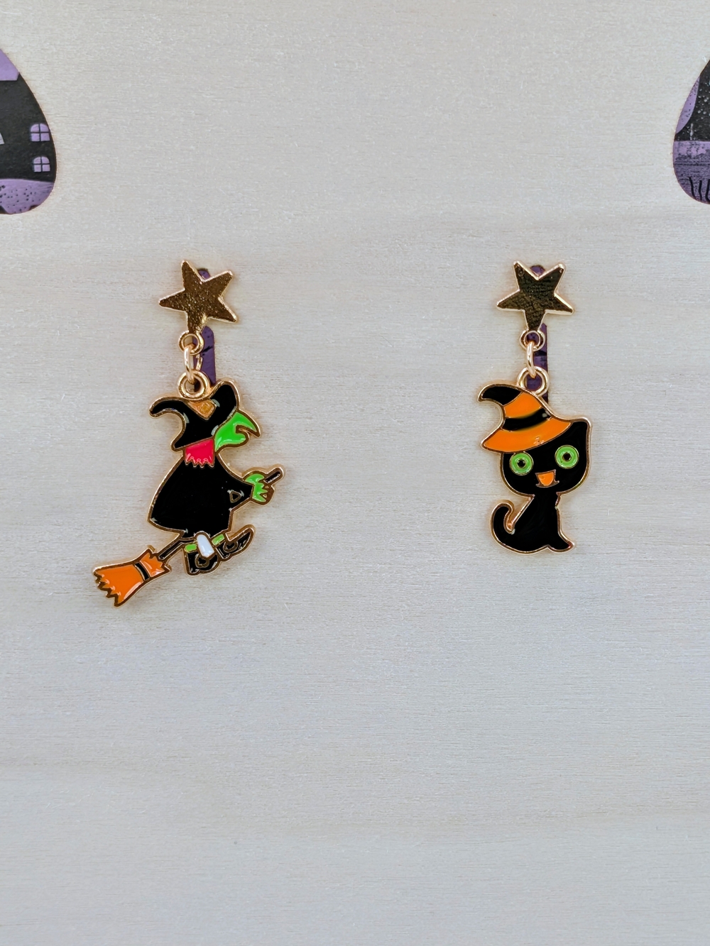 Halloween Witch & Black Cat Stud Dangle Earrings
